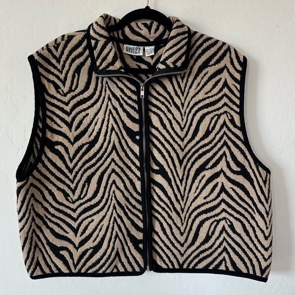 Chicos Vintage Tan & Black Zebra Animal Print Zip Front Tapestry Vest Size 3 - Picture 2 of 13